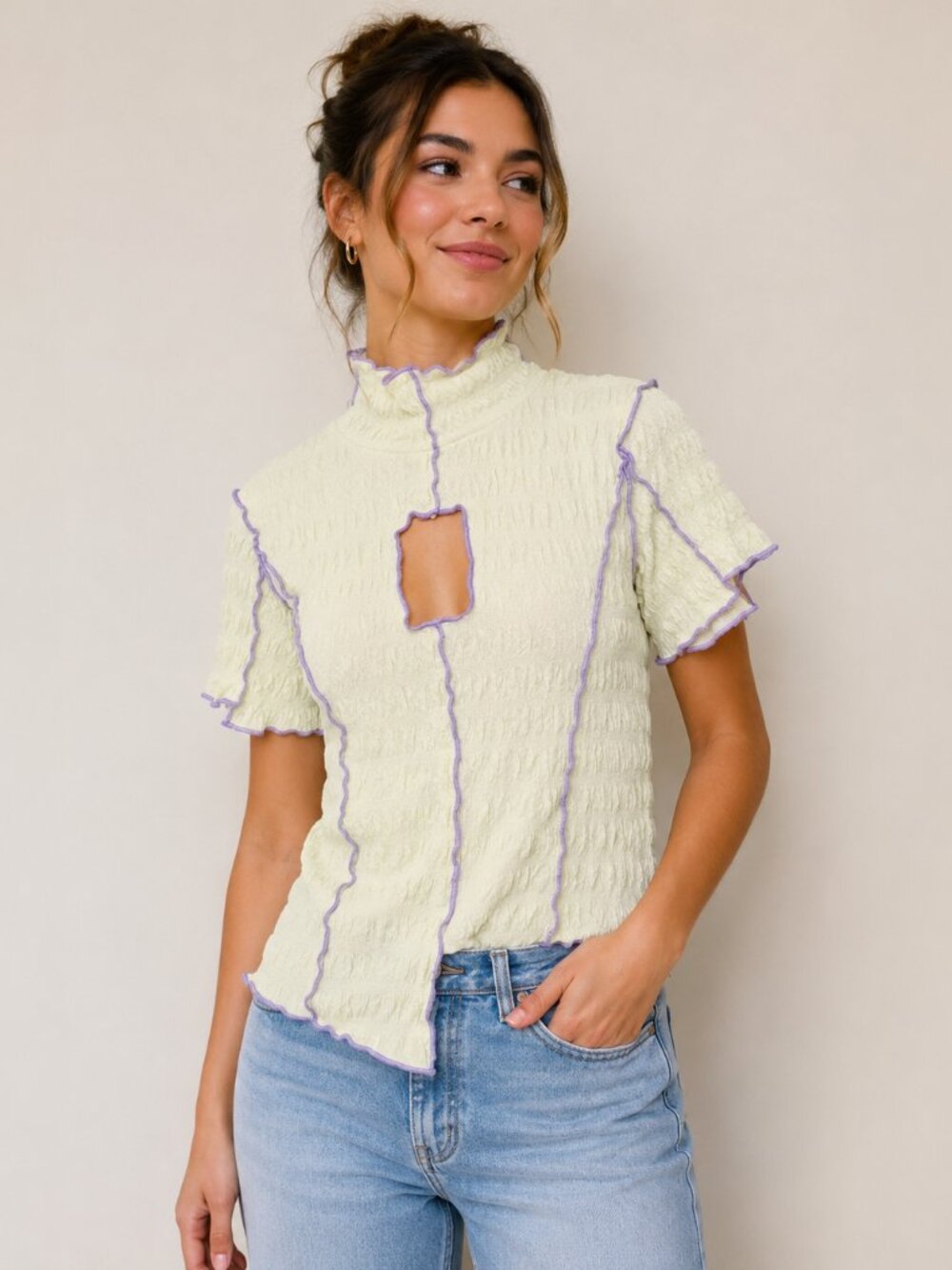 Trendy Textured Y2K Mock Neck Top -  Lavender Trim & Flutter Sleeves